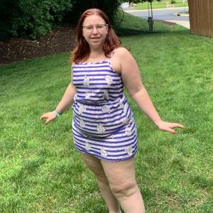 Sun Dress with Cat Print and Blue Stripes